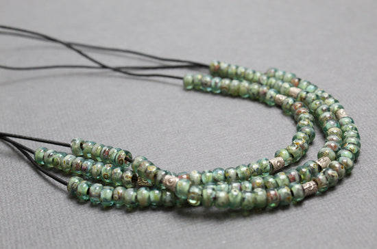 Turquoise Green Color Bead Necklace on Dainty Leather Cord, Adjustable 17-19 Inches