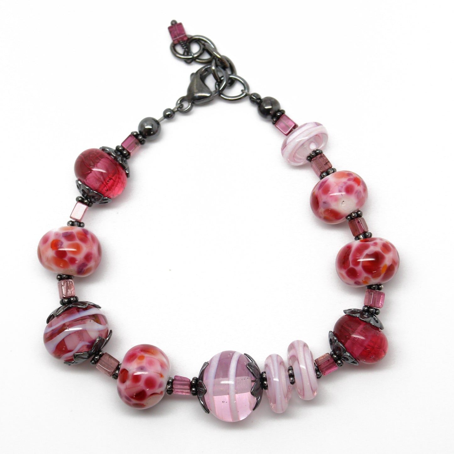 Pink Lampwork Bead Bracelet with Tourmaline 