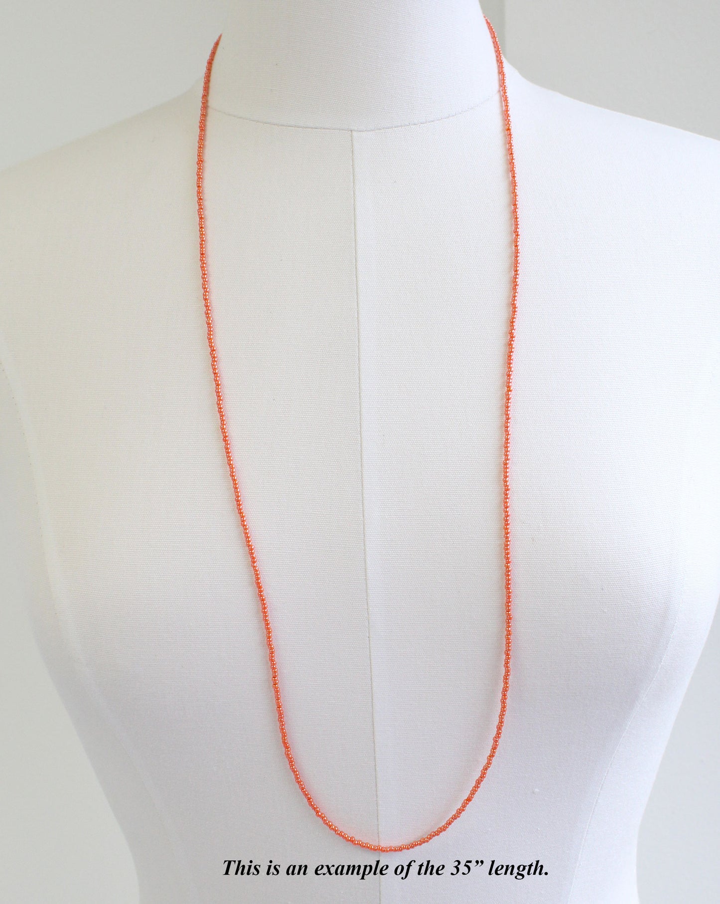 Long Orange Seed Bead Necklace, Single Strand
