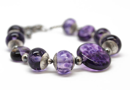 Load image into Gallery viewer, Purple Lampwork Bead Bracelet in Sterling Silver, Adjustable 8 to 9.25 Inches
