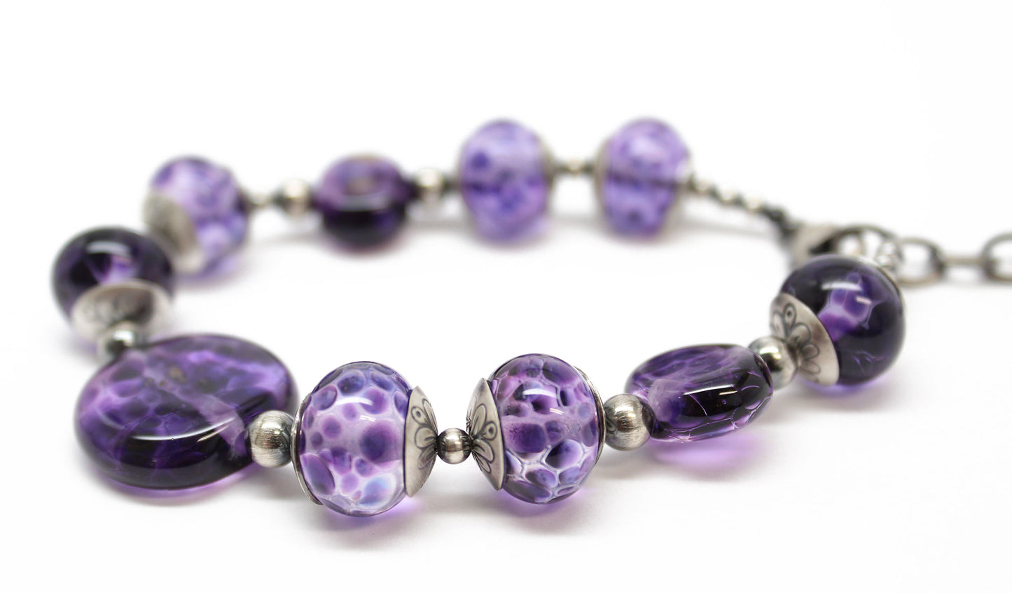 Purple Lampwork Bead Bracelet in Sterling Silver, Adjustable 8 to 9.25 Inches