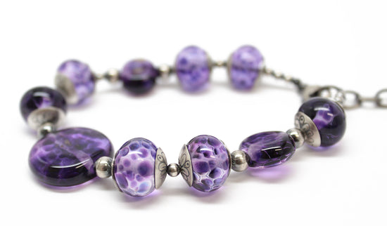 Purple Lampwork Bead Bracelet in Sterling Silver, Adjustable 8 to 9.25 Inches