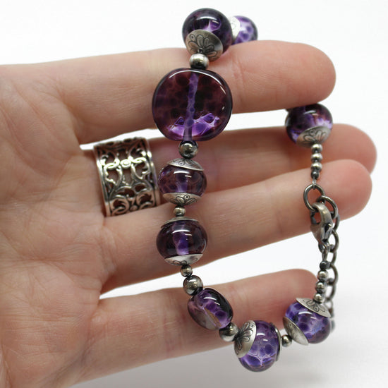Purple Lampwork Bead Bracelet in Sterling Silver, Adjustable 8 to 9.25 Inches