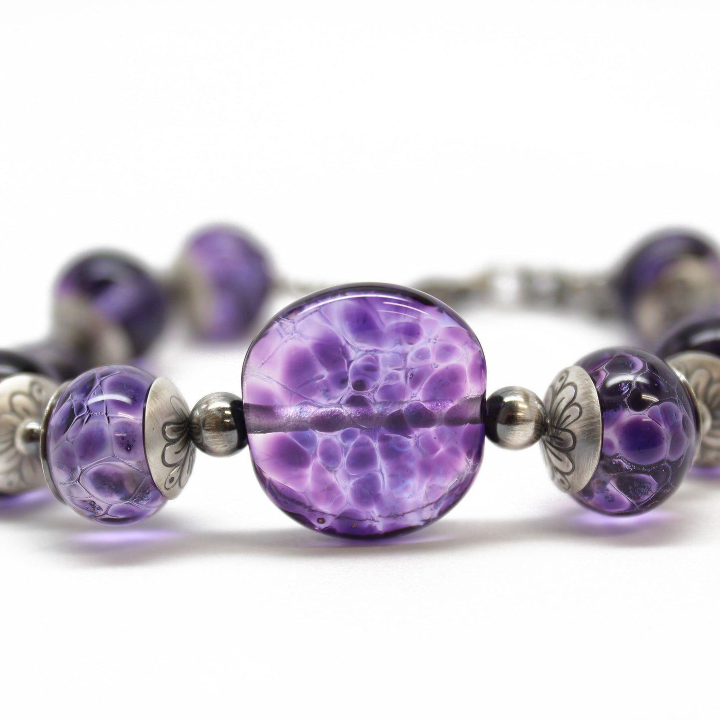 Purple Lampwork Bead Bracelet in Sterling Silver, Adjustable 8 to 9.25 Inches