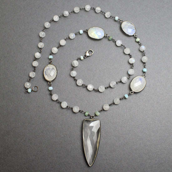 Rainbow Moonstone Necklace with Crystal Quartz Pendant