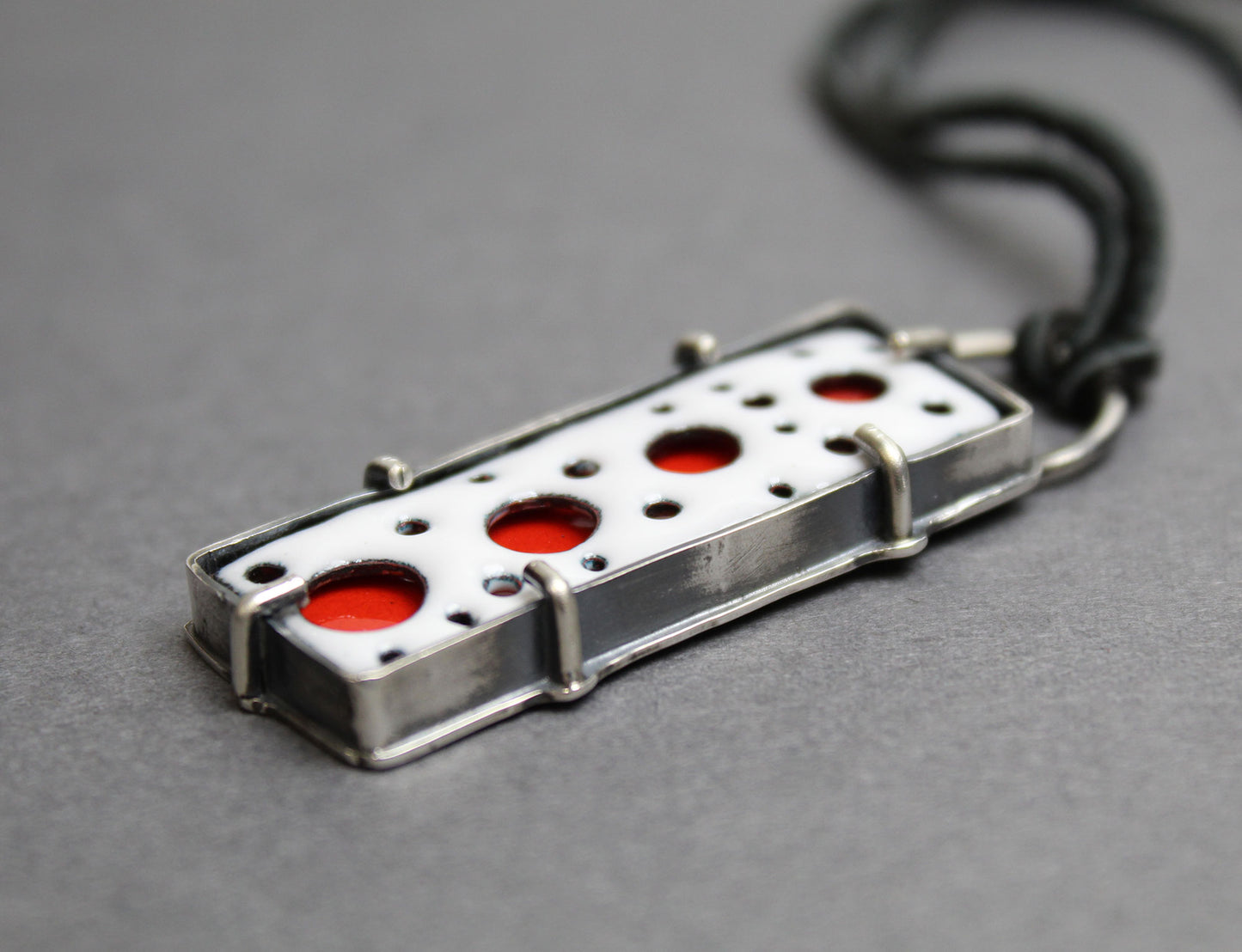 Rectangular Red and White Enamel Pendant in Sterling Silver