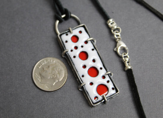 Rectangular Red and White Enamel Pendant in Sterling Silver