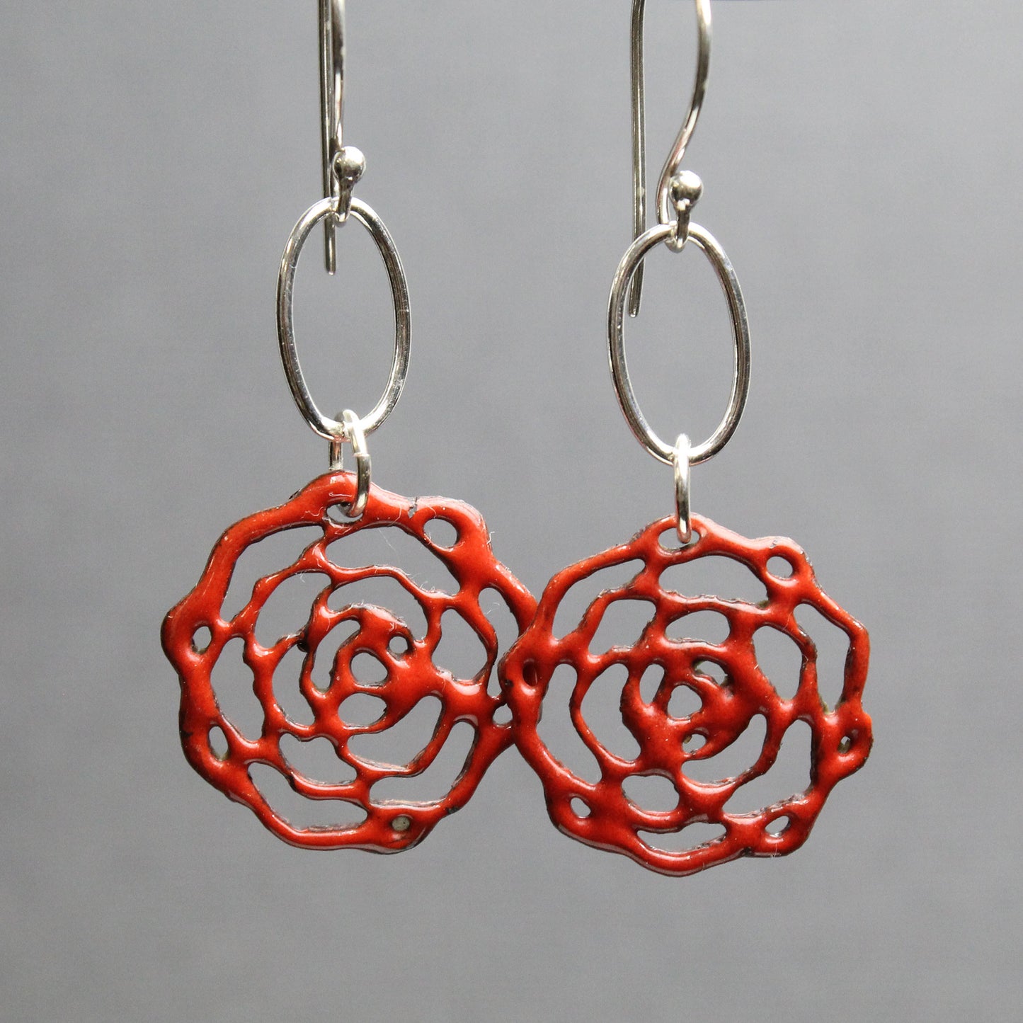 Load image into Gallery viewer, Red Enamel Flower Earrings With Sterling Silver Ear Wires
