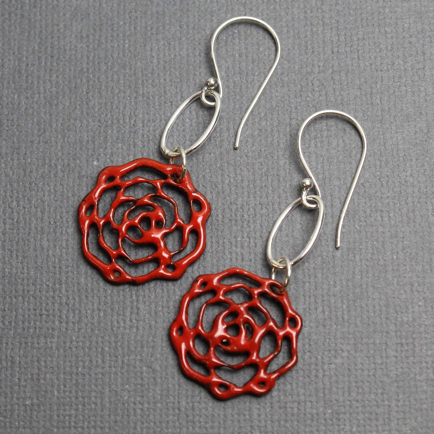 Red Enamel Flower Earrings With Sterling Silver Ear Wires