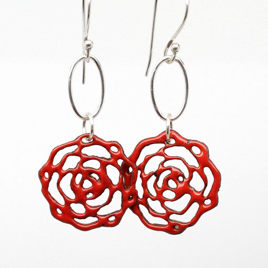 Load image into Gallery viewer, Red Enamel Flower Earrings With Sterling Silver Ear Wires
