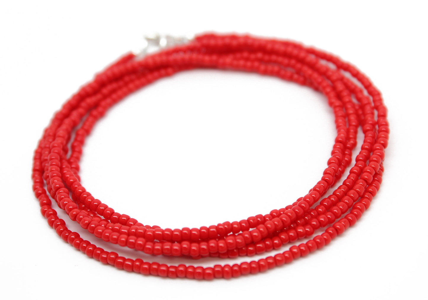 Bright Red Seed Bead Necklace-Shiny Finish-Single Strand