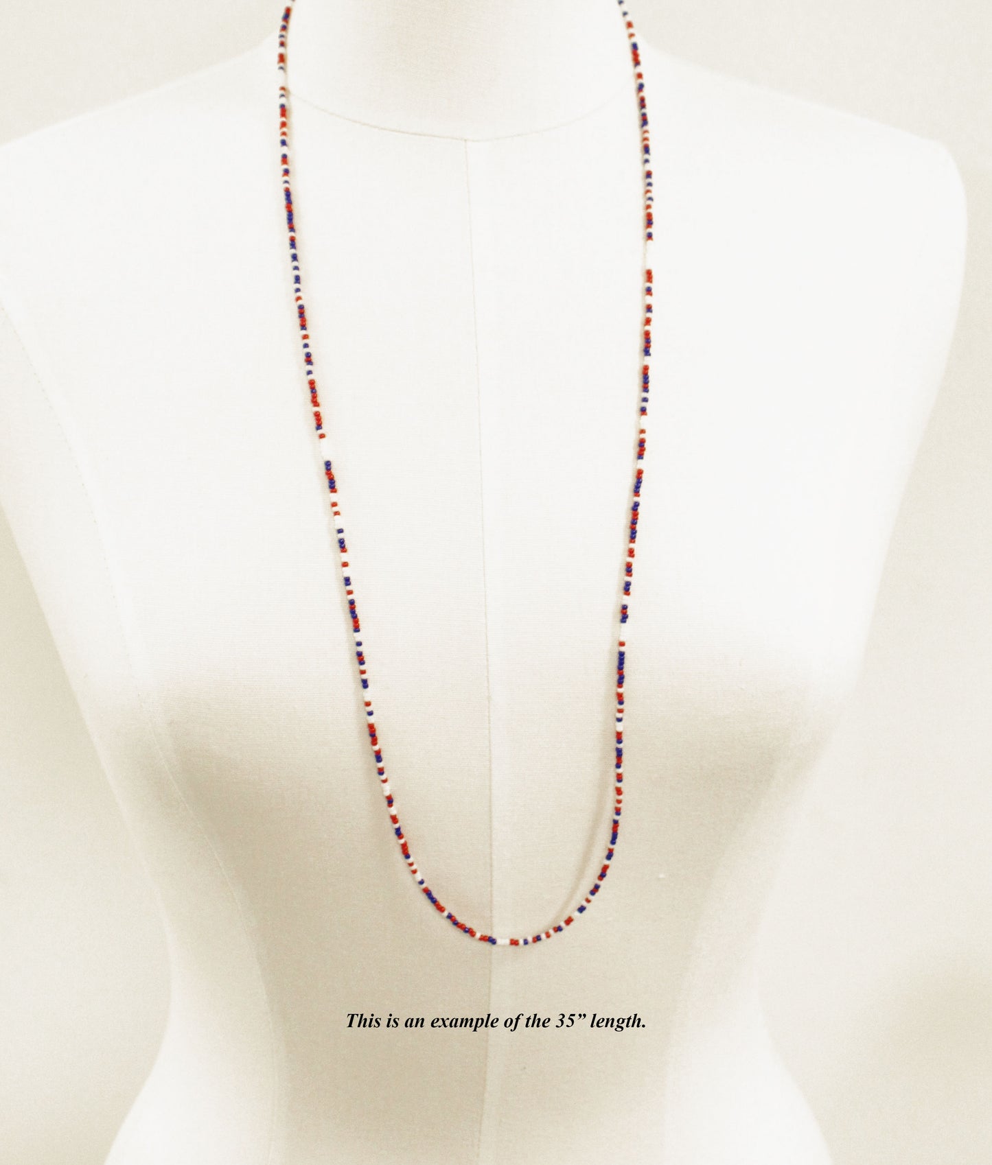 Long Red White and Blue Seed Bead Necklace-Single Strand