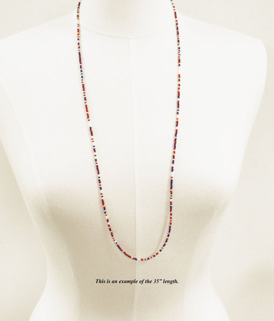 Long Red White and Blue Seed Bead Necklace-Single Strand