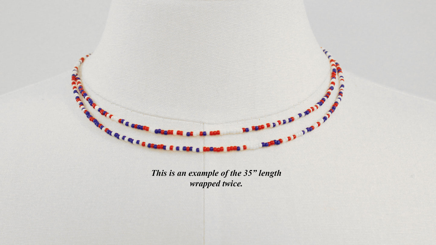 Short Red White and Blue Seed Bead Necklace-Single Strand