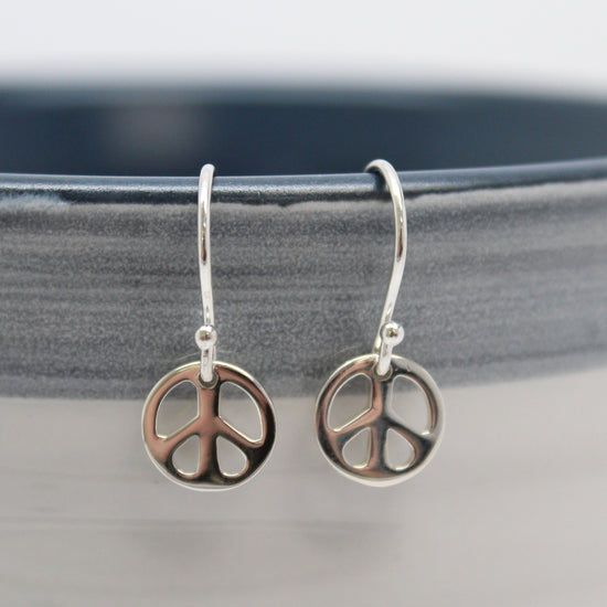 Tiny Peace Sign Dangle Earrings in Sterling Silver