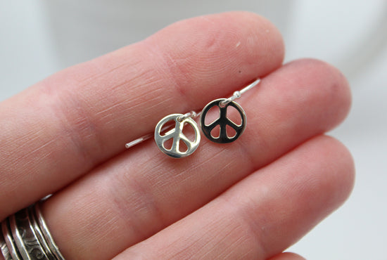 Tiny Peace Sign Dangle Earrings in Sterling Silver