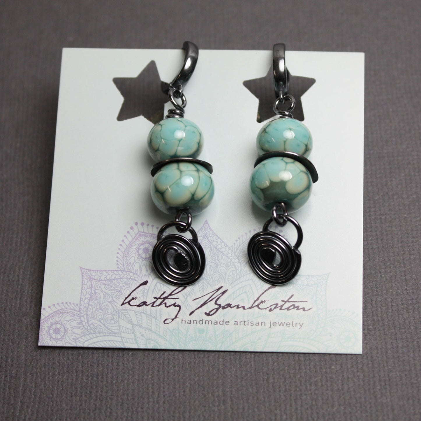 Load image into Gallery viewer, Turquoise Green Earrings with Sterling Silver Hinged Hoops  by Kathy Bankston
