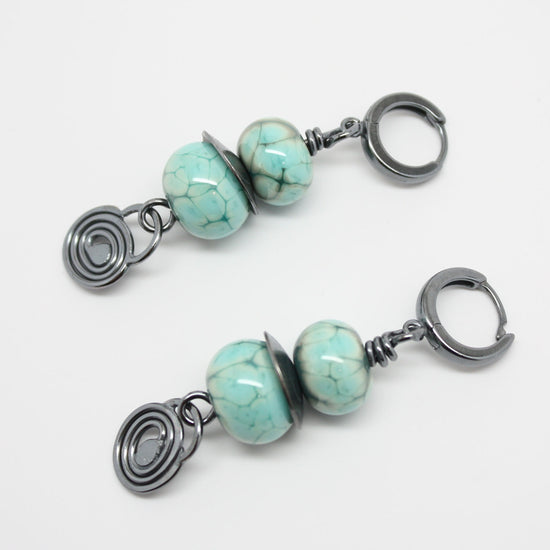 Load image into Gallery viewer, Turquoise Green Earrings with Sterling Silver Hinged Hoops 
