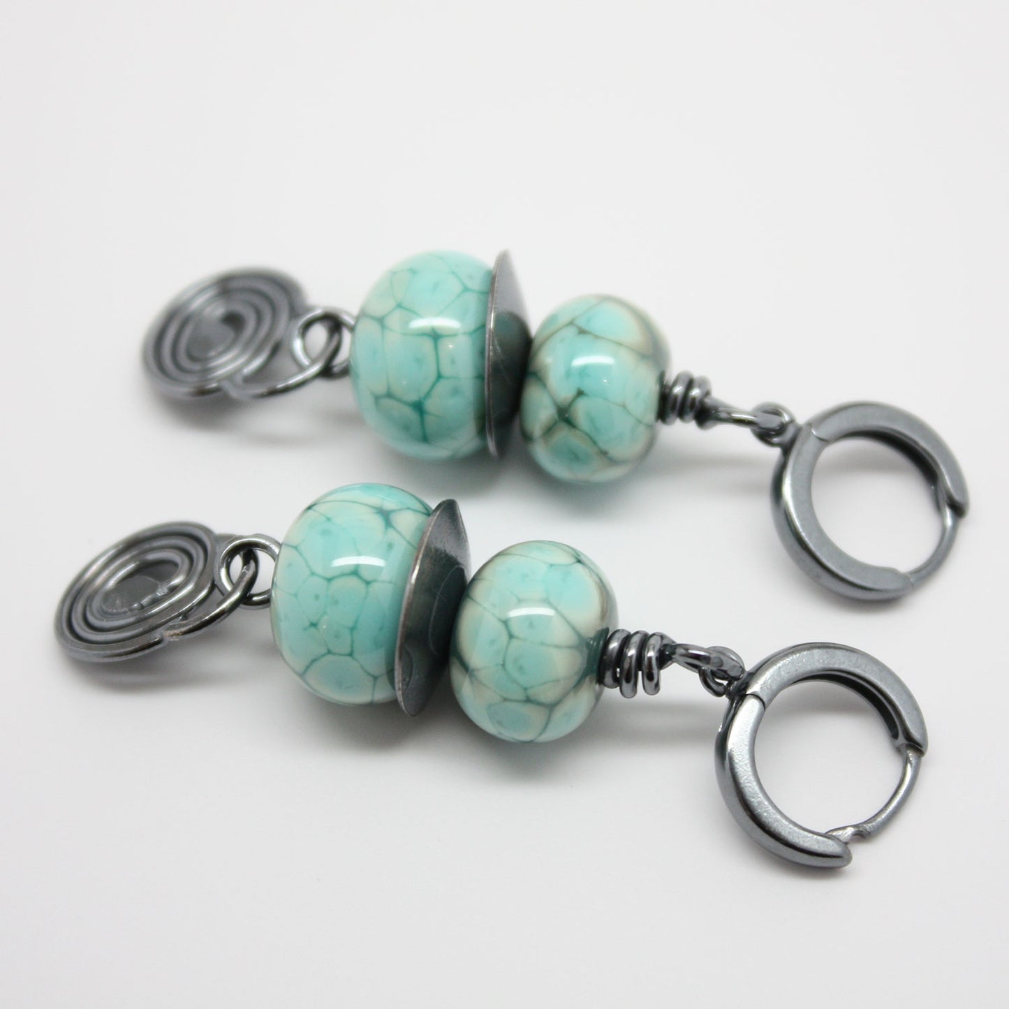 Handmade Turquoise Green Earrings with Sterling Silver Hinged Hoops 