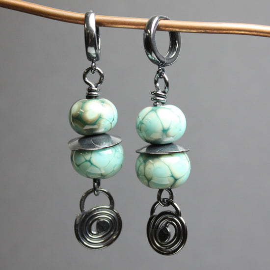 Load image into Gallery viewer, Turquoise Green Earrings with Sterling Silver Hinged Hoops 
