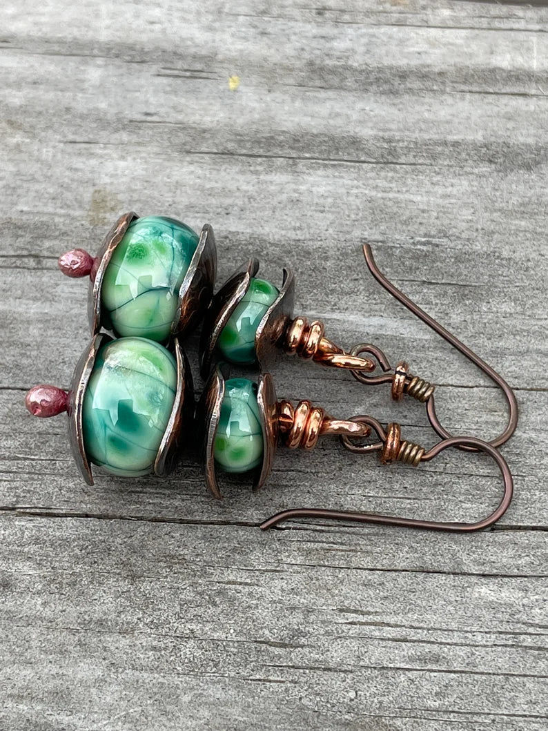 Turquoise Green Lampwork Bead Dangle Earrings